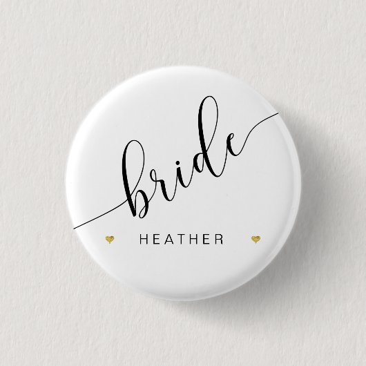 Brautparty Bride Script Simple Modern Gold Heart Button (Vorderseite)