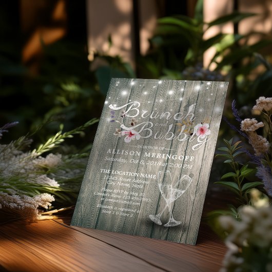 Brautparty Brunch Bubbly Champagne Flutes Wood Einladung