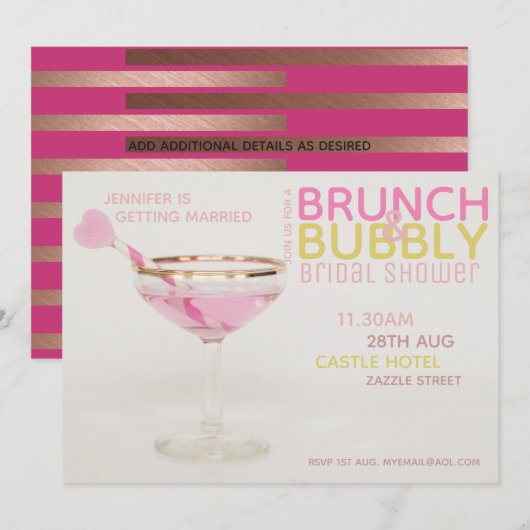 Brautparty BRUNCH BUBBLY Cocktail PINK GOLD Einladung (Vorne/Hinten)