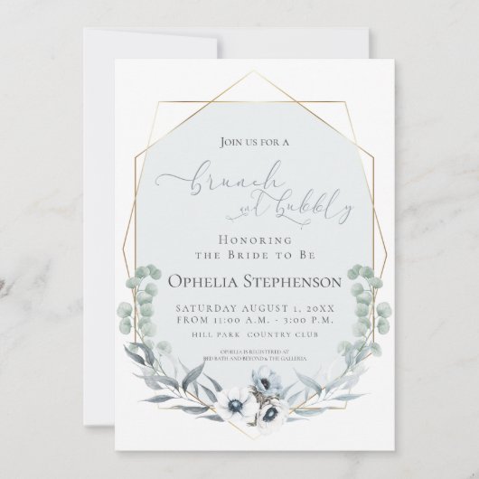 Brautparty | Brunch & Bubbly Dusty Blue Floral Einladung (Vorderseite)