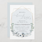 Brautparty | Brunch & Bubbly Dusty Blue Floral Einladung (Vorne/Hinten)