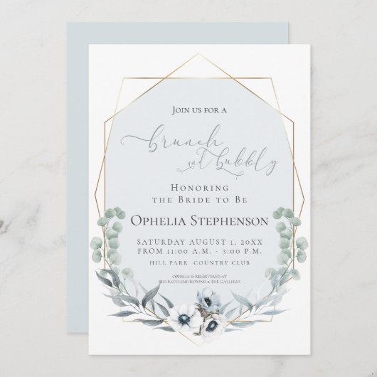 Brautparty | Brunch & Bubbly Dusty Blue Floral Einladung (Vorne/Hinten)