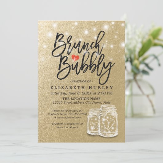 Brautparty Brunch Bubbly Mason Jar String Light Einladung (Stehend Vorderseite)