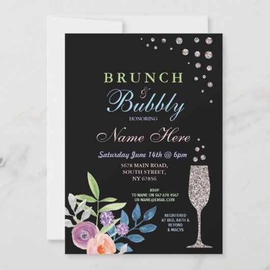 Brautparty Brunch & Bubbly Silver Blume laden Einladung (Vorderseite)