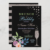 Brautparty Brunch & Bubbly Silver Blume laden Einladung (Vorne/Hinten)