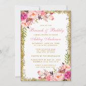 Brautparty Brunch Pink Floral Gold Glitzer Einladung (Vorderseite)