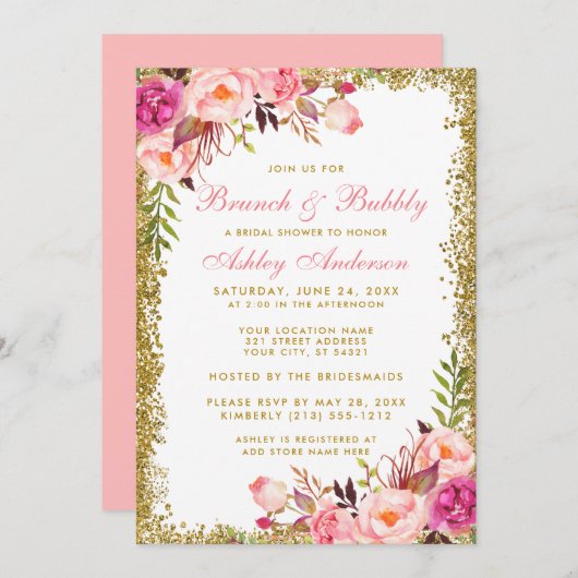 Brautparty Brunch Pink Floral Gold Glitzer Einladung (Vorne/Hinten)