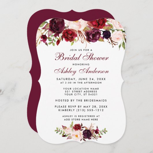 Brautparty Burgund Blumenladen BR Einladung (Vorne/Hinten)