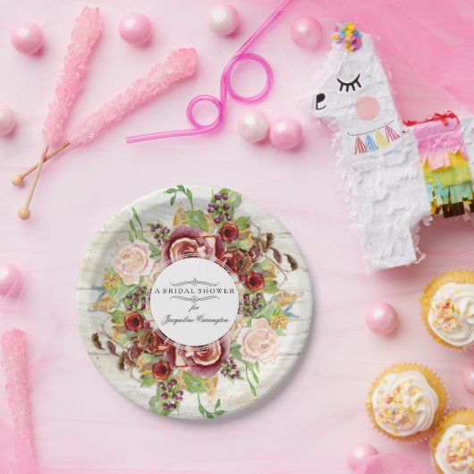 Brautparty-Burgunder-Roseblumenwatercolor-Holz Pappteller (Party)