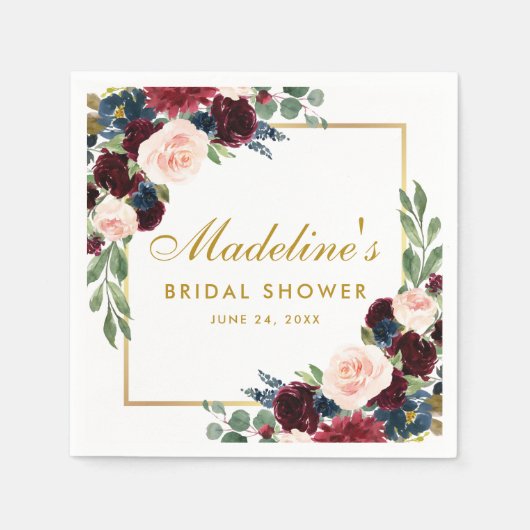 Brautparty Burgundy Blue Floral Gold White Serviette (Vorderseite)