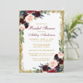 Brautparty Burgundy Blue Gold Glitzer laden ein Einladung (Stehend Vorderseite)