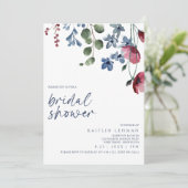 Brautparty Burgundy & Blue Wildblume Einladung (Stehend Vorderseite)