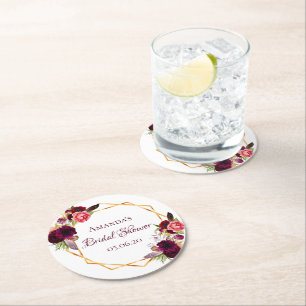 Brautparty burgundy Blume geometrisches Gold Runder Pappuntersetzer