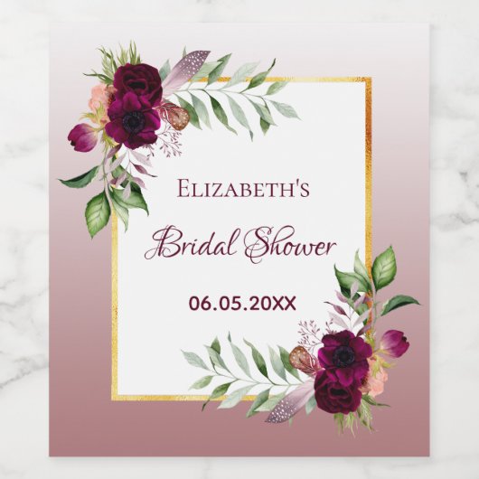 Brautparty burgundy BlumenZimt Rose boho Weinetikett (Einzelnes Label)