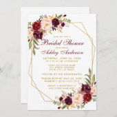 Brautparty Burgundy Floral Geometric Gold Einladung (Vorne/Hinten)