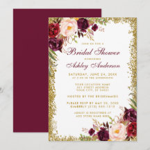 Brautparty Burgundy Floral Gold Glitzer Einladung