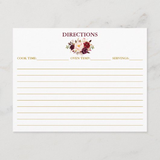 Brautparty Burgundy Floral Gold Rezept Card Hinweiskarte (Rückseite)