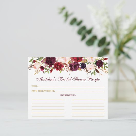 Brautparty Burgundy Floral Gold Rezept Card Hinweiskarte (Stehend Vorderseite)