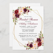 Brautparty Burgundy Gefloral Geometrischer Goldrah Einladung (Vorne/Hinten)