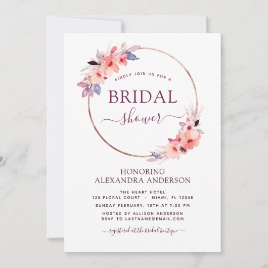 Brautparty Burgundy Geometric Spring Floral Einladung (Vorderseite)