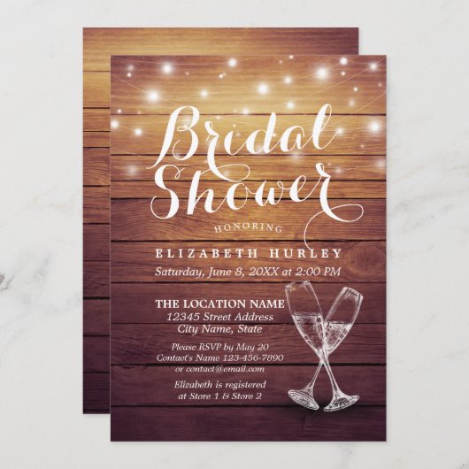Brautparty Champagne Glasses Wood String Lights Einladung (Vorne/Hinten)