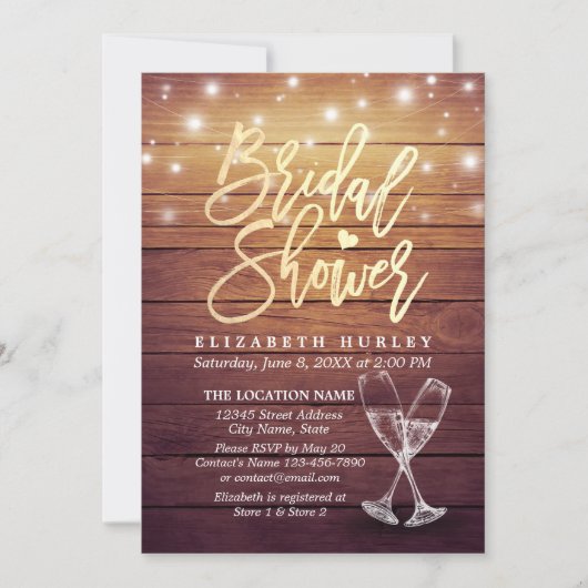 Brautparty Champagne Glasses Wood String Lights Einladung (Vorderseite)