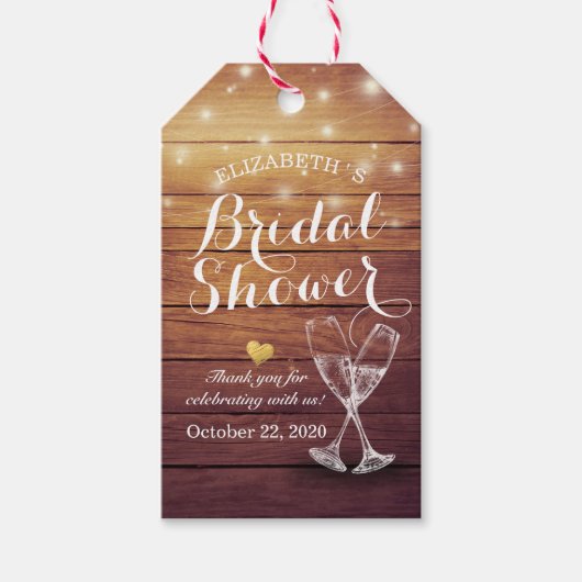 Brautparty Champagne Glasses Wood String Lights Geschenkanhänger (Vorderseite)