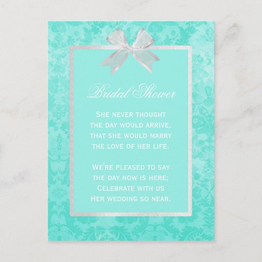 Brautparty Chic Aqua Damask Girly White Bow Einladungspostkarte (Vorderseite)