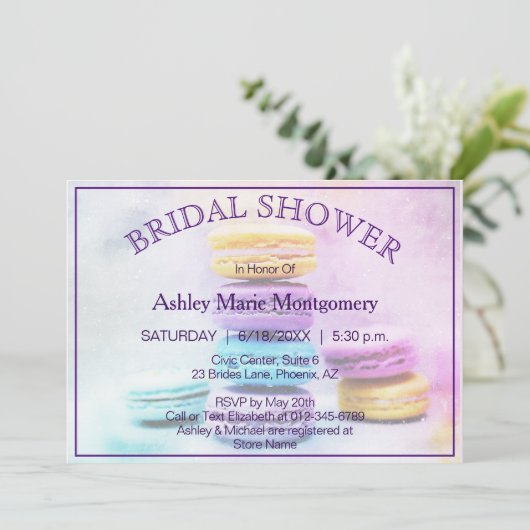 Brautparty Colorful Baked Macaron Leckereien Einladung (Stehend Vorderseite)