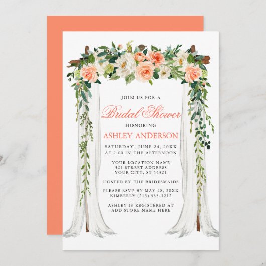 Brautparty "Coral Floral Canopy" Einladung (Vorne/Hinten)