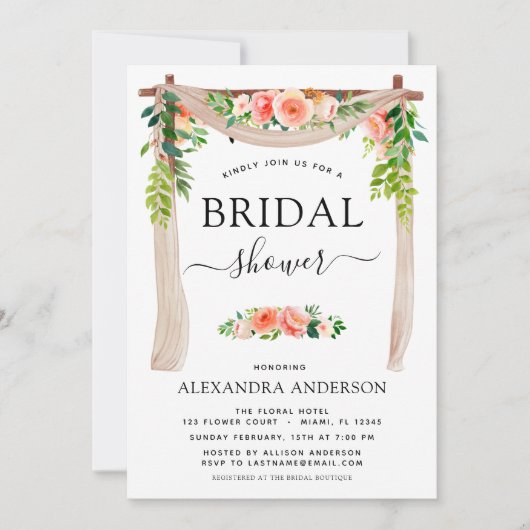 Brautparty Coral Peach Blumengrün Arch Einladung (Vorderseite)
