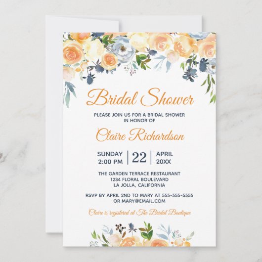 Brautparty Coral Peach Navy Wasserfarbenflora Einladung (Vorderseite)