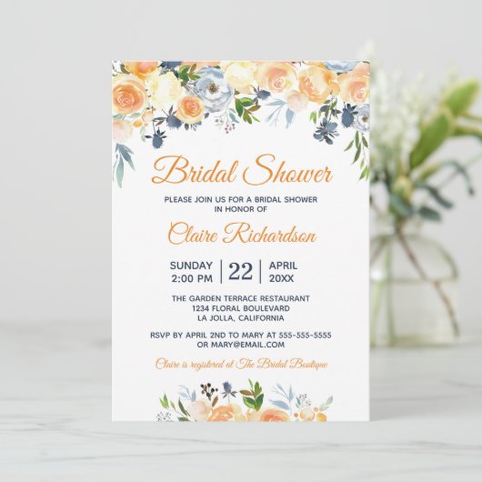 Brautparty Coral Peach Navy Wasserfarbenflora Einladung (Stehend Vorderseite)