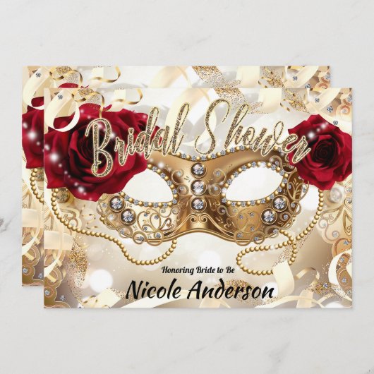 Brautparty Cream Gold Rote Rosen Masquerade Einladung (Vorne/Hinten)
