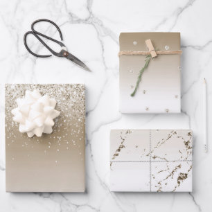 Brautparty Creme Gold Glitz Glitter Geschenkpapier Set