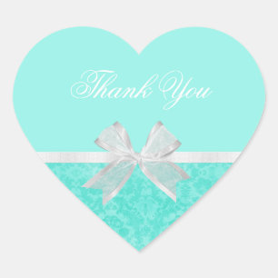 Brautparty Danke Chic Aqua Damask White Bow Herz-Aufkleber