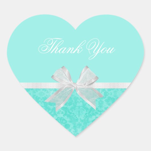 Brautparty Danke Chic Aqua Damask White Bow Herz-Aufkleber (Vorderseite)