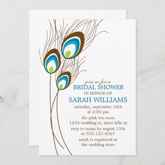 Brautparty der Aquamarinen Pfauenfedern Einladung (Vorne/Hinten)