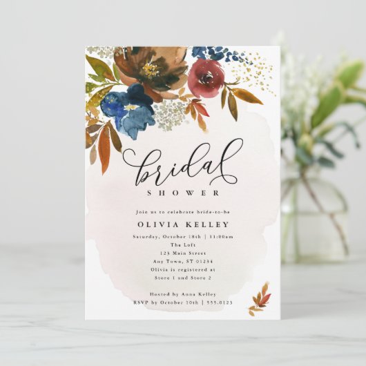 Brautparty der Blume Navy und Rust Boho Einladung (Stehend Vorderseite)