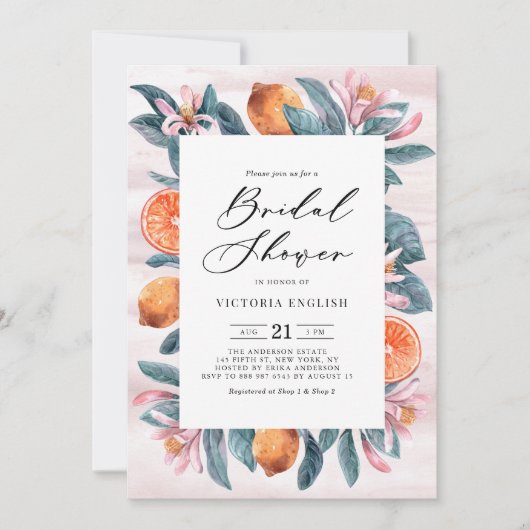 Brautparty der botanischen Orangen und rosa Blüten Einladung (Vorderseite)