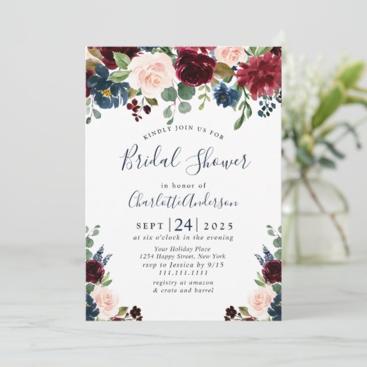 Brautparty der Burgundy Navy Blush Blume Einladung (Stehend Vorderseite)