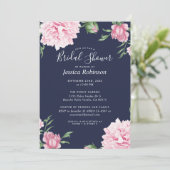 Brautparty der floralen Pink Peony Navy Einladung (Stehend Vorderseite)