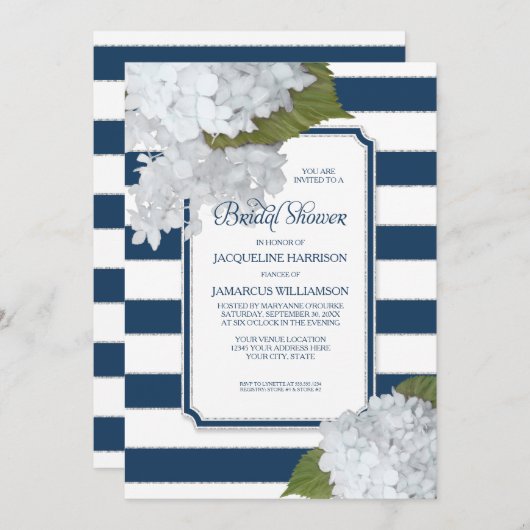 Brautparty der Nautic Navy White Modern Hydrangea Einladung (Vorne/Hinten)
