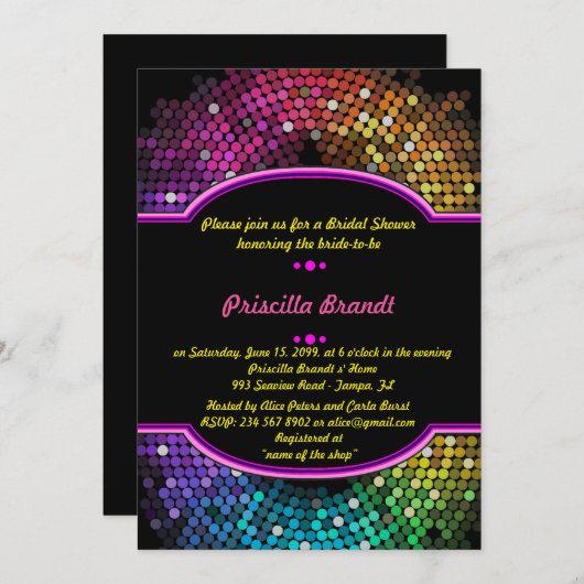 Brautparty, Diskothek, Schwarz & Multicolor Einladung (Vorne/Hinten)