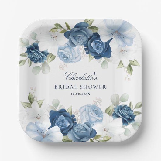 Brautparty Dusty Blue Floral Watercolor Pappteller (Vorderseite)