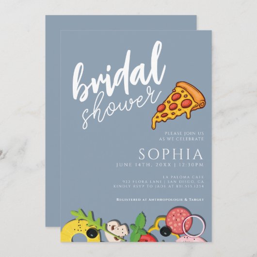 Brautparty Dusty Blue PIZZA Moderner Chic Einladung (Vorne/Hinten)