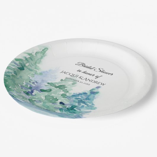 Brautparty-einfacher moderner Gebirgsforestsee Pappteller (Schrägansicht)