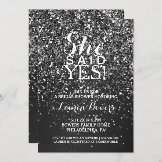 Brautparty Einladung Sie sagte ja Black Glitzer (Vorne/Hinten)