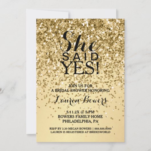 Brautparty Einladung Sie sagte Yes Gold Glitzer (Vorderseite)