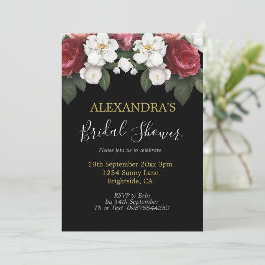 Brautparty Elegant Burgundy Rose Schwarzer Chic Einladung (Stehend Vorderseite)